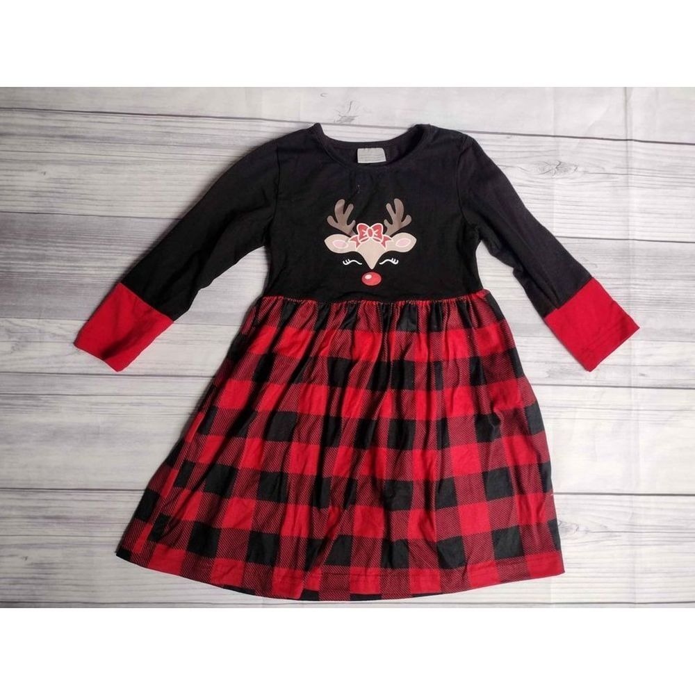 Kids Black Red Buffalo Plaid Reindeer Christmas Dress Size 3t‎ Long Sleeve